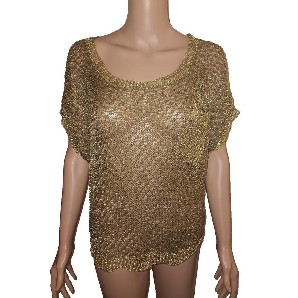 Stylemint Metallic Gold Sheer Knit Scoop Neck Short Sleeve Top Size 3 W012B